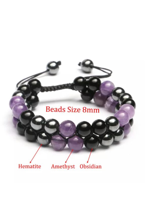 Natural Double Amethyst Hematite Obsidian Beaded Therapy Bracelet Crystal Energy-8MM
