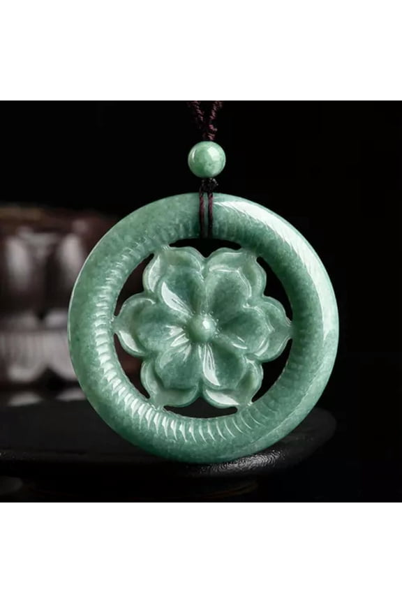 Natural Grade A Jade Jadeite Lucky Gift Perfect Peony Flower Circle Pendant