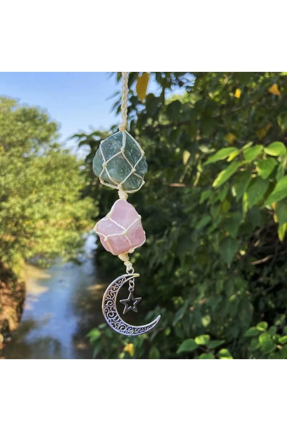 Natural Green Fluorite Rose Quartz Net Pocket Crystal Energy Pendulum Pendant