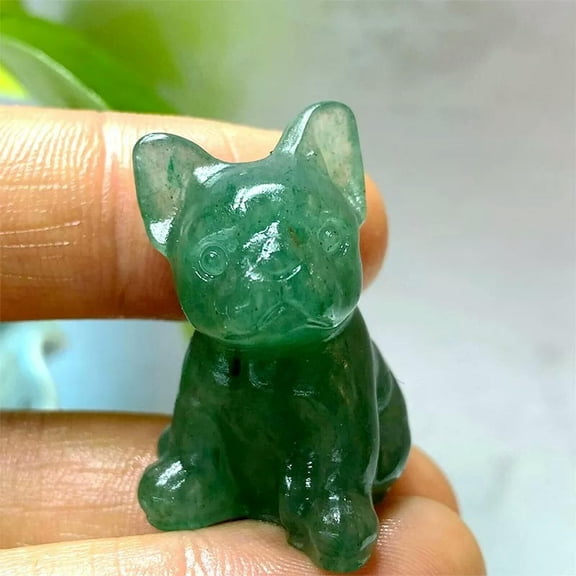 GKNET Natural Green Strawberry Quartz Crystal Carved Cute French Bulldog Vintage Decor