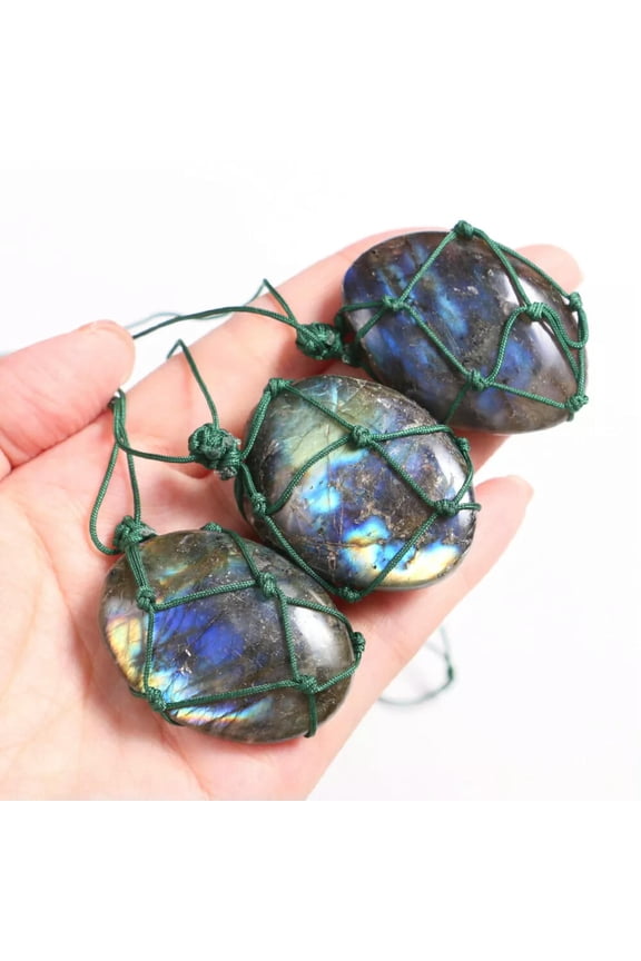 Natural Labradorite Freeform Pendant Wrap Braid Rope Tumbled Stone Necklace