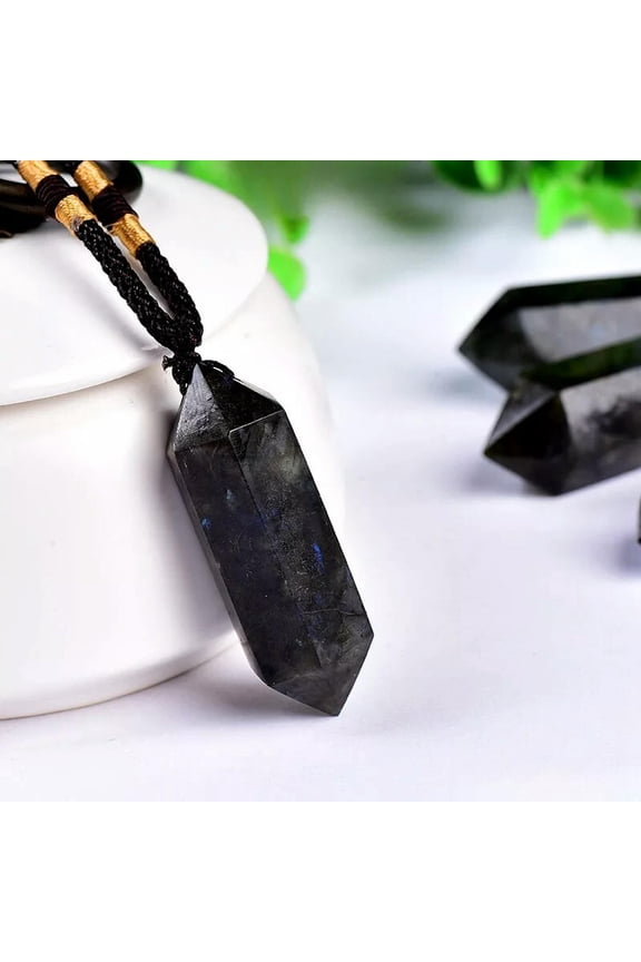 Natural Labradorite Moonstone Quartz Crystal Pendant Charm Necklace Reiki Amulet