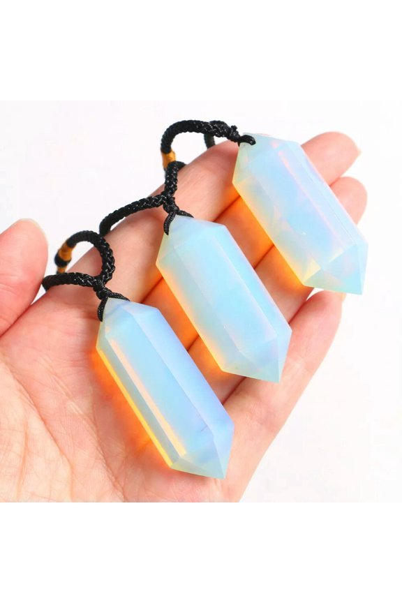 Natural Opal Crystal Stone Necklace Double Point Pendant Healing Hexagonal Wand