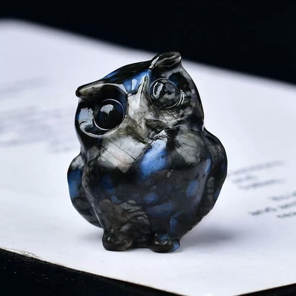 GKNET Natural Quartz Crystal Carved Owl Gemstone Hooters Statue Healiing Reiki Decor-Blue Amphibole Quartz