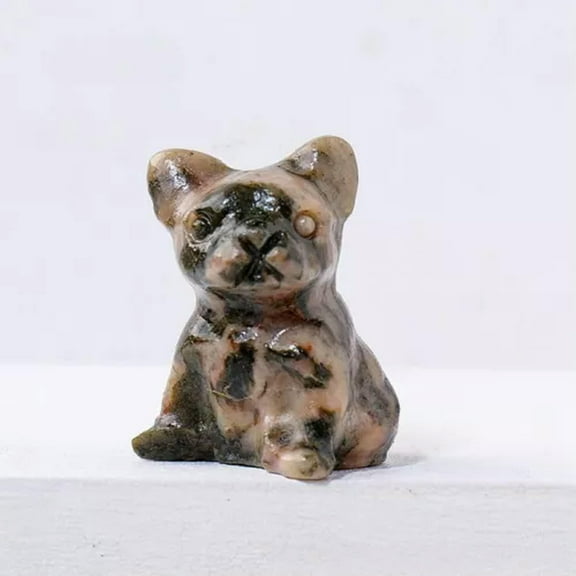 GKNET Natural Quartz Crystal Handcarved Small Animal French Bulldog Reiki Home Decor-Leopard Skin Jasper Stone