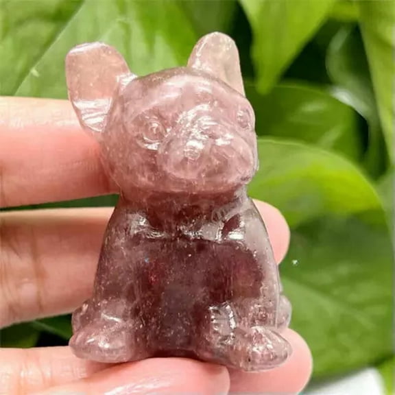 GKNET Natural Quartz Crystal Handcarved Small Animal French Bulldog Reiki Home Decor-Strawberry Quartz