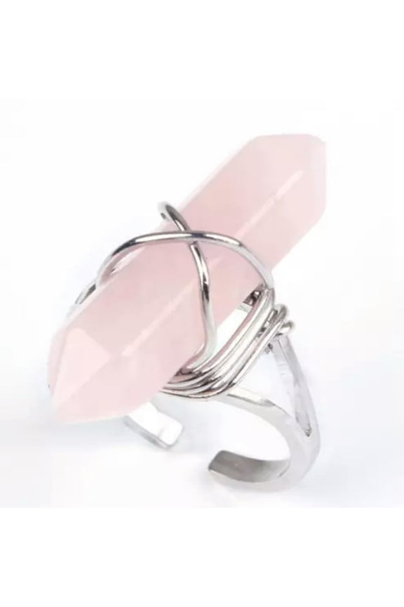 Natural Quartz Crystal Ring Hexagonal Pointed Reiki Chakra Beads Ring Healing-Rose Quartz