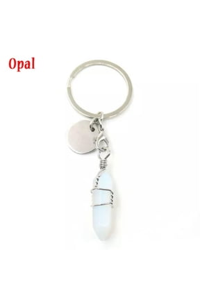 Natural Quartz Keyring Wire Wrapped Crystal Point Cut Gemstone Healing Key Ring-Opal