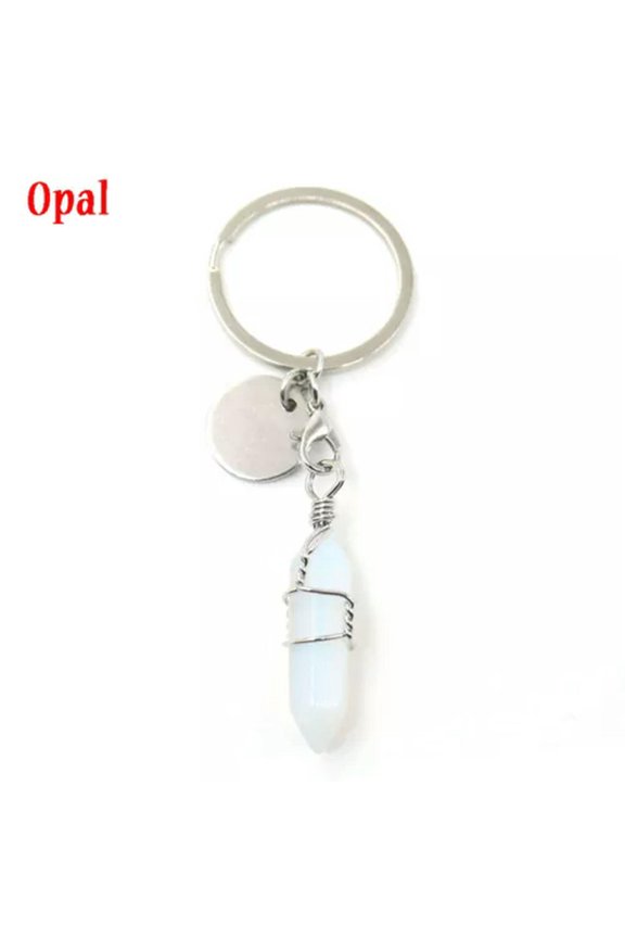 Natural Quartz Keyring Wire Wrapped Crystal Point Cut Gemstone Healing Key Ring-Opal