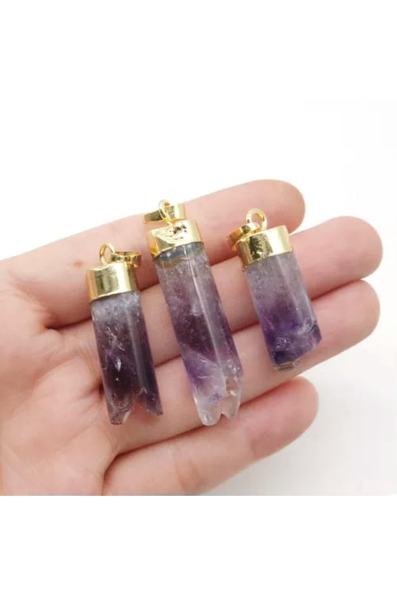 Natural Raw Amethyst Crystal Bullet Pendant Geode Stone Amulet Delicate Jewelry Making-Amethyst-Gold-Column