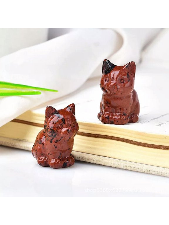 Natural Red Obsidian Quartz Crystal Carved Dollar Cat Healing Lucky Charm Decor