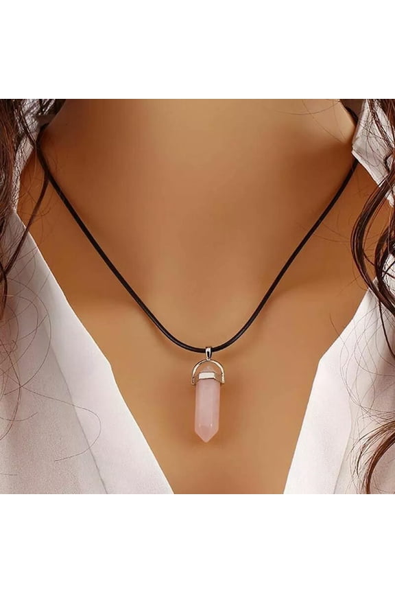 Natural Rose Quartz Crystal Point Wand Raw Energy Pendant Necklace Silver Plated