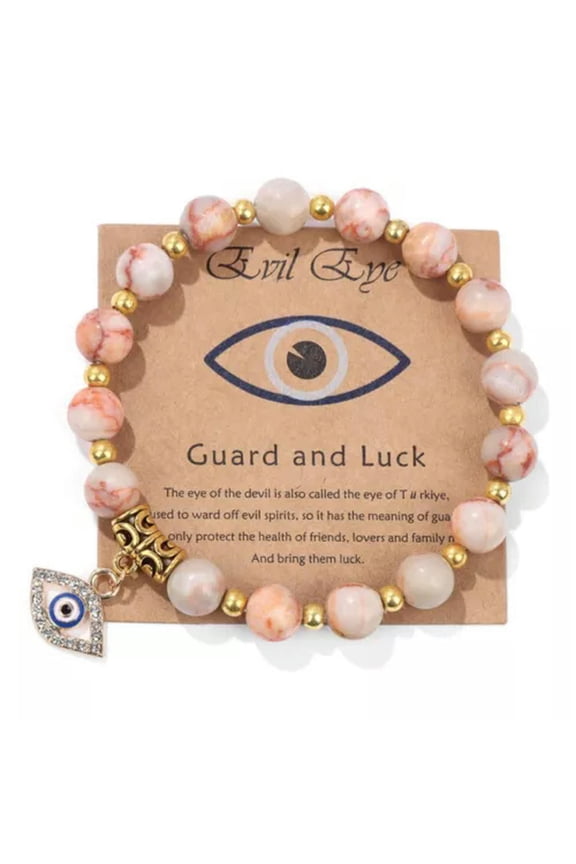 Natural Stone Hamsa Evil Eye Yoga Energy Beaded Bracelet Adjustable Delicate Jewelry Gift-Pink