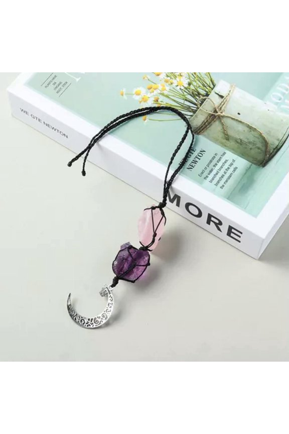 Natural Stone Net Pocket Pendant Reiki Chakra Pendulum Hanging Ornaments Decor-Amethyst+ Rose Quartz-1Pc