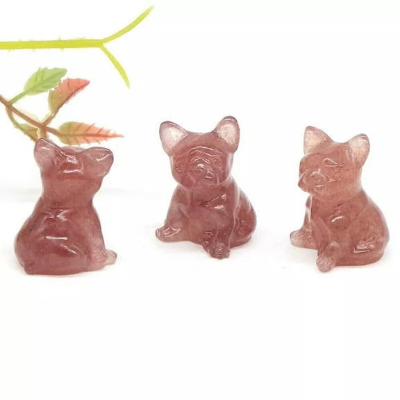 GKNET Natural Strawberry Quartz Crystal Carved Cute French Bulldog Vintage Reiki Decor