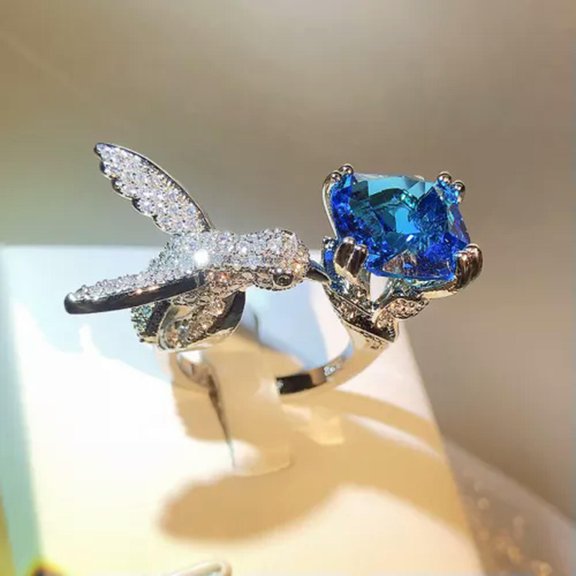 GKNET Natural Zircon Stone Bird 925 Silver Open Ring Women Creativity Rings 4 Color-Blue