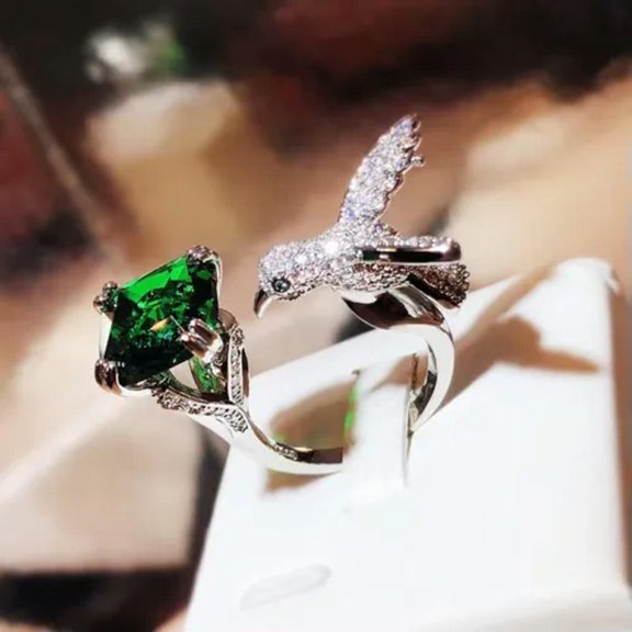 GKNET Natural Zircon Stone Bird 925 Silver Open Ring Women Creativity Rings 4 Color-Green