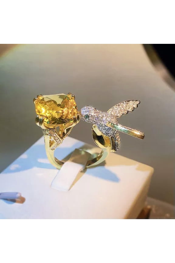 Natural Zircon Stone Bird 925 Silver Open Ring Women Creativity Rings 4 Color-Yellow