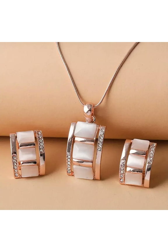 New Fashion Women Imitation Opal Necklace Earrings Delicate Jewelry Set Rhinestone Gift