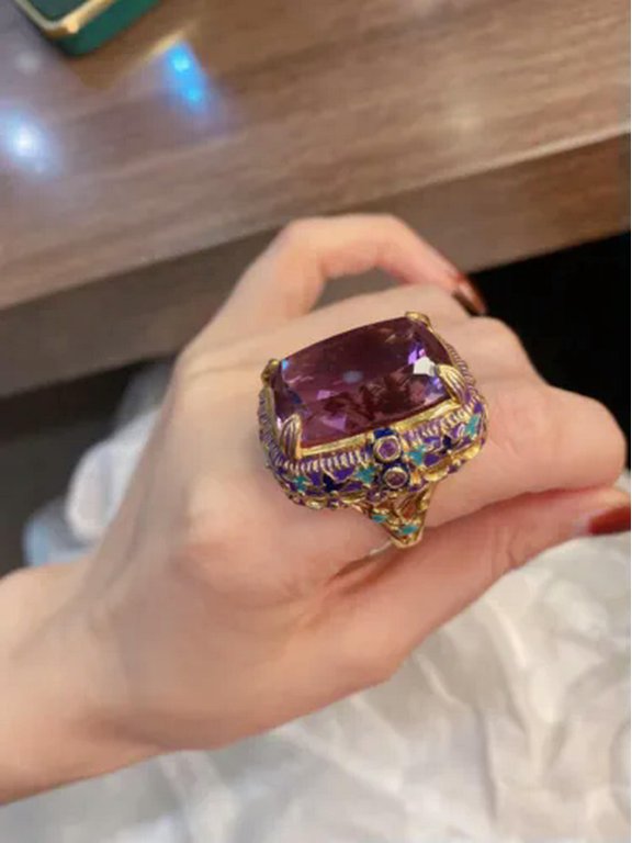New Huge Amethyst Gemstone Italian Enamel Classical Women Necklace Pendant Ring-Ring only