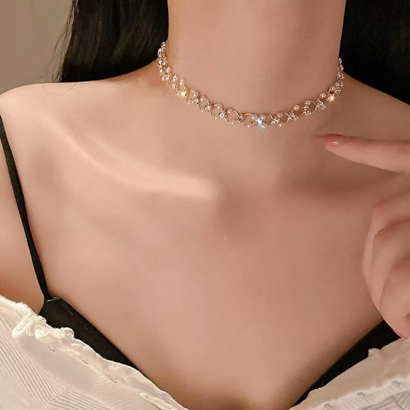 GKNET New Korea Fashion Choker Necklace Inlaid Rhinestone Pearl Necklace Women Jew WY4