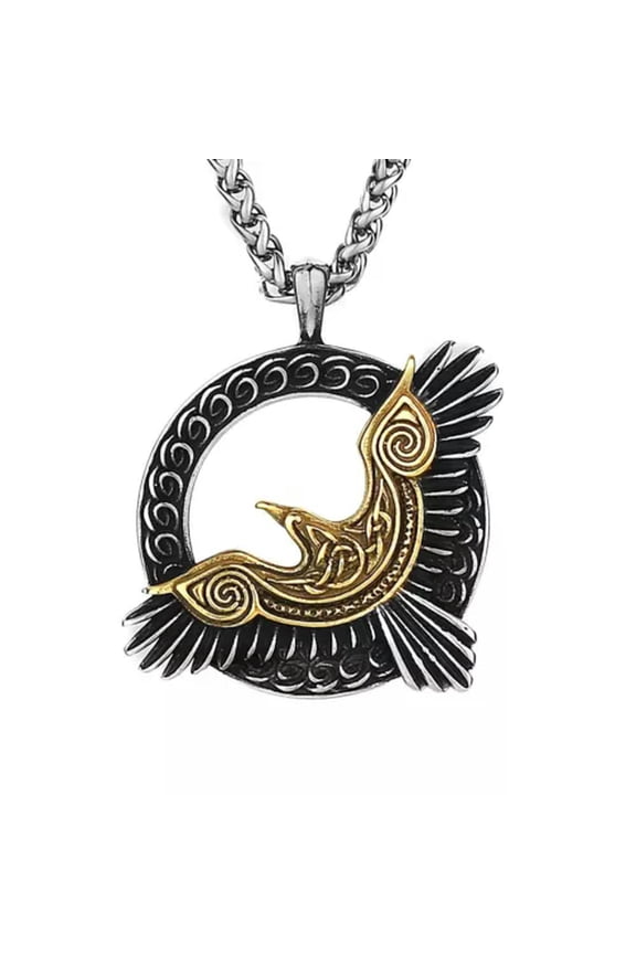 Nordic Men's Vintage Viking Odin Crow Stainless Steel Pendant Necklace Chain