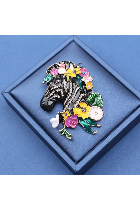 Oil Drip Enamel Rhinestone Zebra Head with Wreath Brooch Flower Animal Pin