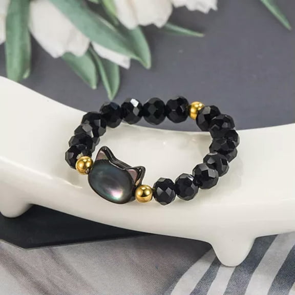 GKNET Personality Bead Ring Women Cat Rings Natural Moonstone Obsidian Delicate Jewelry Gift&-Black