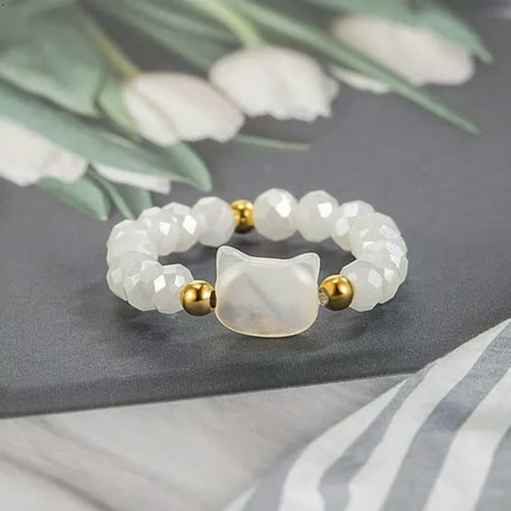 GKNET Women Cute Black White Cat Ring Fashion Stone Beaded Adjustable Animal Rings-White