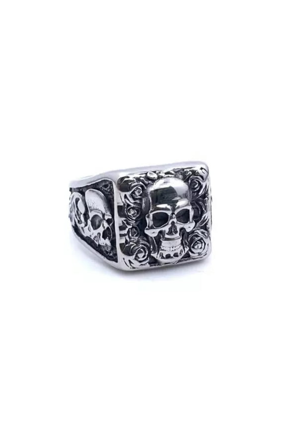 Personalized Retro Death Gothic Rose Skull Head Stainless Steel Ring Size 7-13