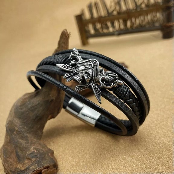 GKNET Personalized Vintage Stainless Steel Skull Pirate Hand Woven Leather Bracelets