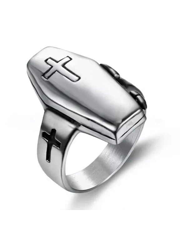 Personalized Vintage Zombie Coffin Cross Stainless Steel Rings Size 7-15-14