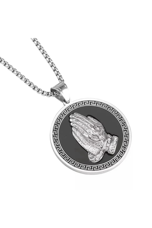 Praying Hands Coin Pendant Necklace Religious Delicate Jewelry Stainless Steel Chain 24"