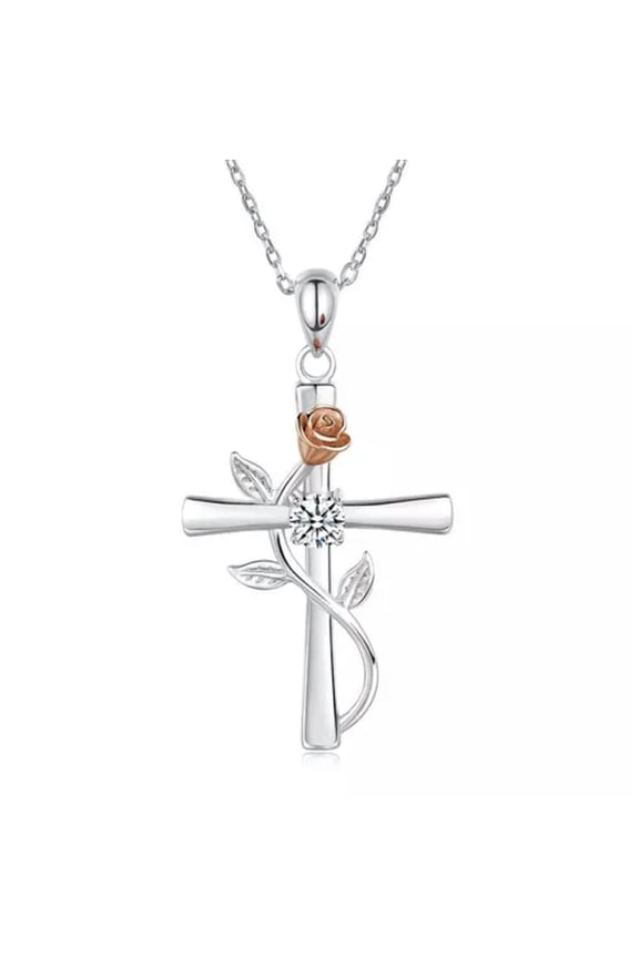 Pretty Cross Rose Wedding Necklace Pendant Cubic Zirconia Delicate Jewelry Beauty-white