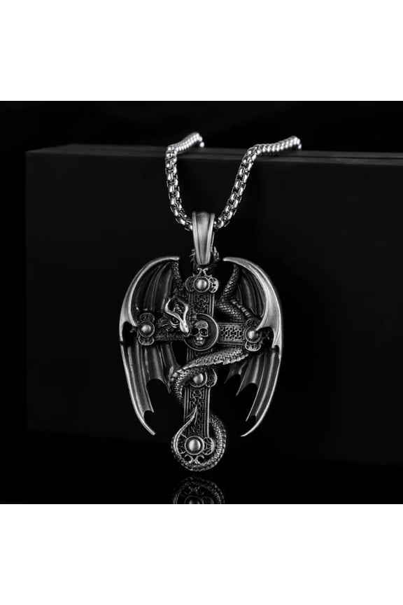 Punk Gothic Skull Dragon Winged Cross Pendant Necklace Men's Delicate Jewelry Chain 24"