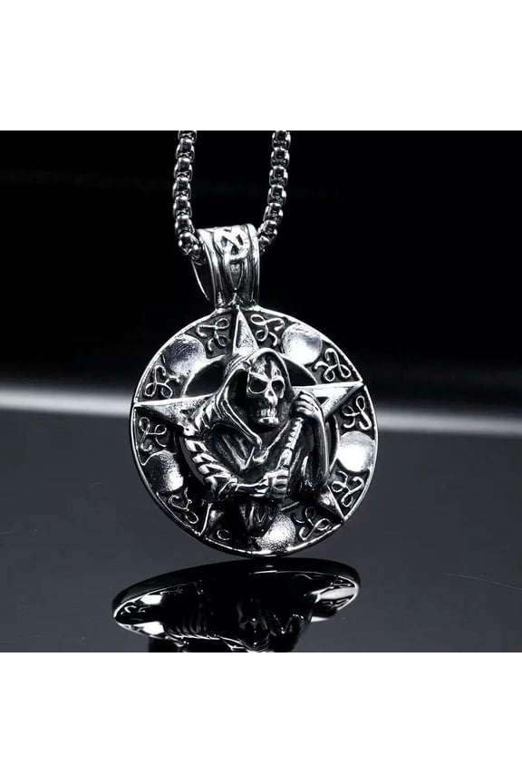 Punk Gothic Skull Grim Reaper Death Scythe Pendant Necklace For Men Chain 24"
