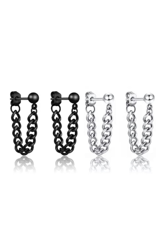 Punk Rock Silver Black Cuban Link Chain Stud Drop Dangle Earrings Surgical Steel-Silver