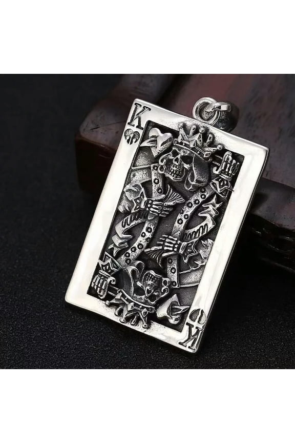 Punk Silver Skull King Poker Card Pendant Necklace Men's Biker Delicate Jewelry Chain 24"