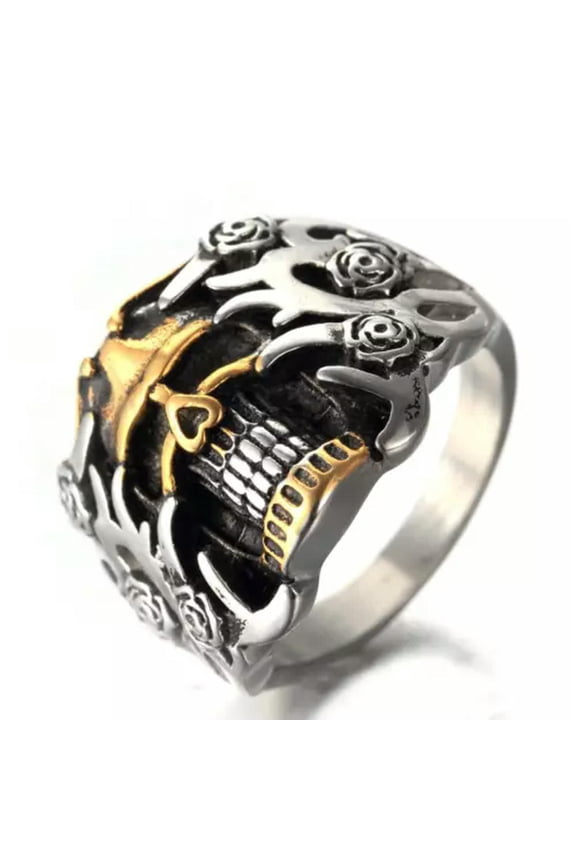Punk Skeleton Two Tone Evil Skull Rings Band For Men Boyfriend Gothic Jewelry-01#-11