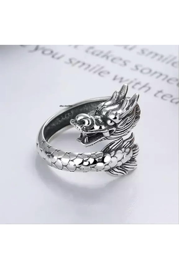 Pure S925 Sterling Silver Band Men Women Lucky Dragon Open Ring Us Size:7-11