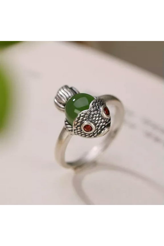 Pure S925 Sterling Silver Natural Nephrite Jade Jasper Lucky Zircon Fish Ring