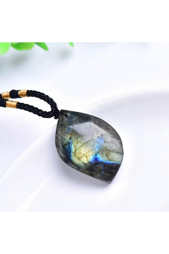 Raw Natural Labradorite Leaf Shape Pendant Quartz Crystal Stone Necklace Healing