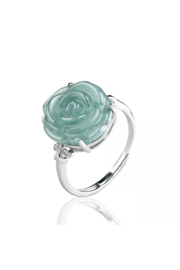 Real 925 Sterling Silver Band Natural A Grade Jade Jadeite Rose Flower Ring