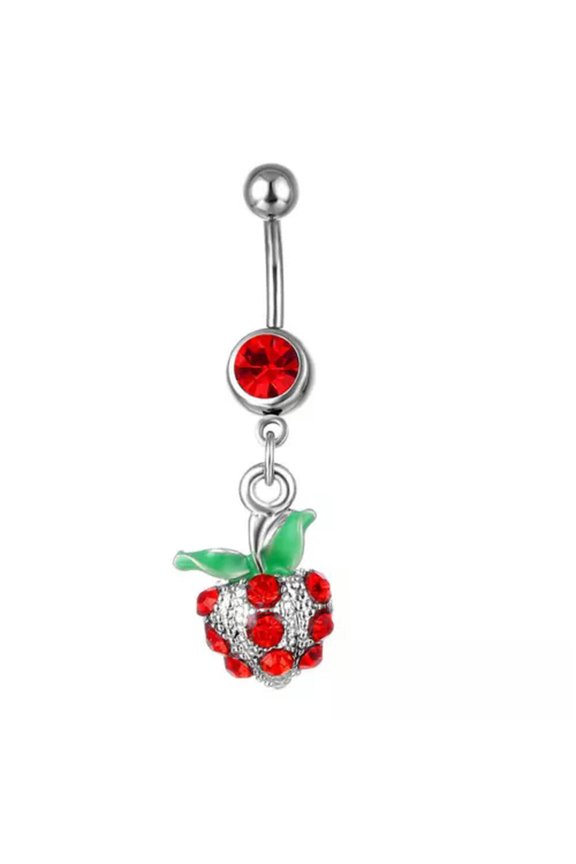 Red Cherry Green Leaf Zirconia Glitter Belly Button Ring Body Piercing Jewelry-4