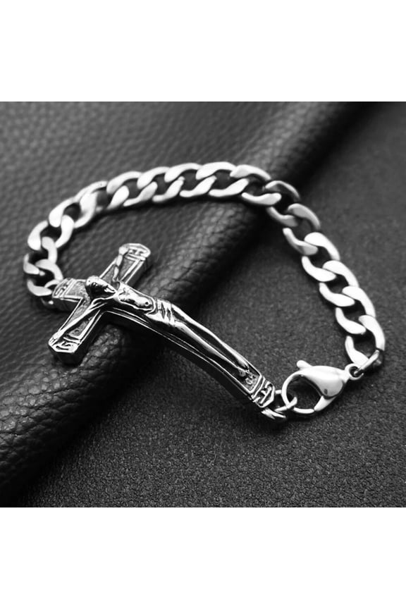 Religious Delicate Jewelry Vintage Jesus Cross Trend Cuban Chain Stainless Steel Bracelet