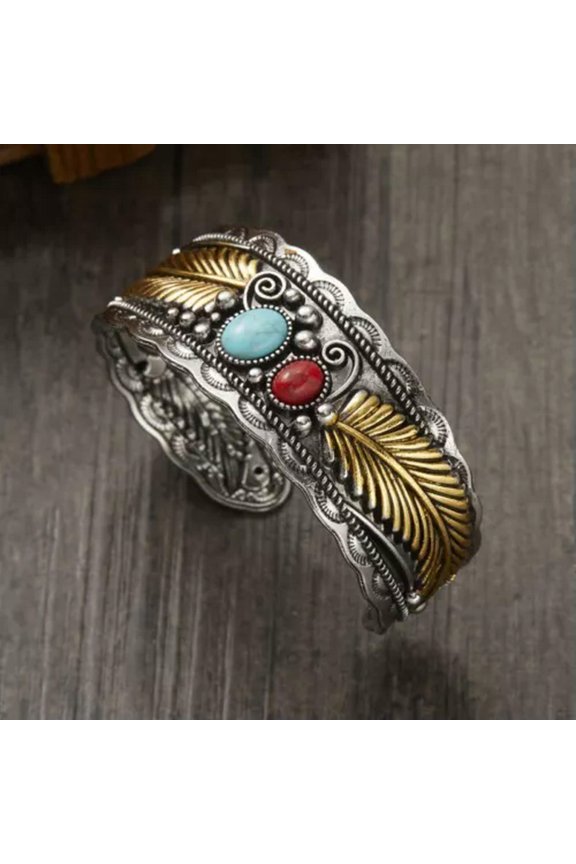 Retro Natural Stone Men Crystal Feather Open Bracelet Bangle Adjustable Jewelry-#4