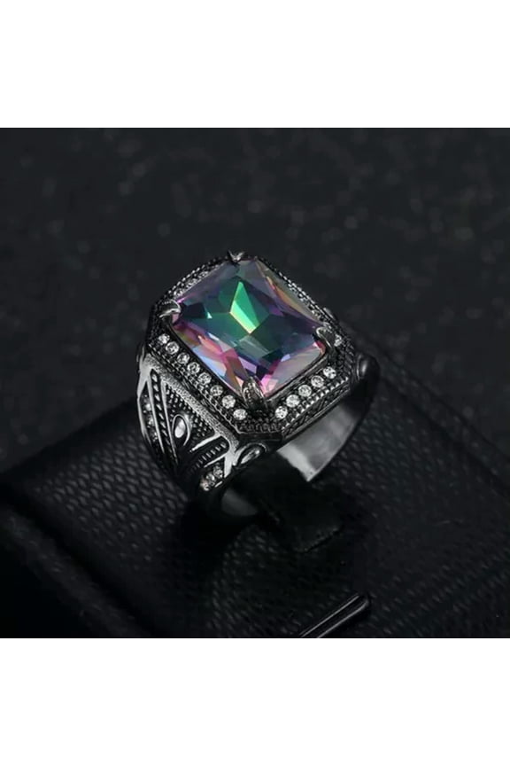 Retro Punk Casting Ring Iced Colorful Rhinestone Titanium Steel Mens Jewelry-12