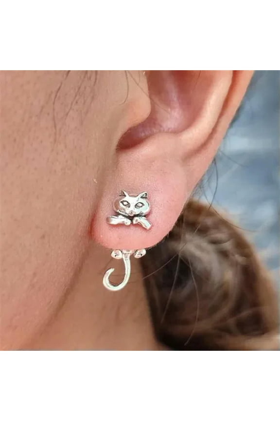 Retro Silver Lovely Frog Cat Animal Ear Earrings Stud Women Ethnic Delicate Jewelry Gifts-Cat