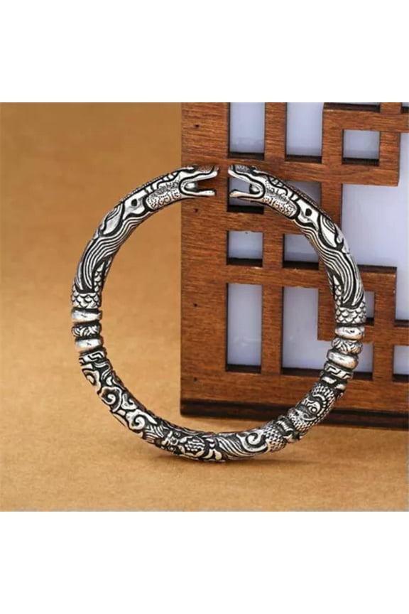 Retro Thai Silver 925 Silver Open Bracelet with Carved Dragon Statue-default