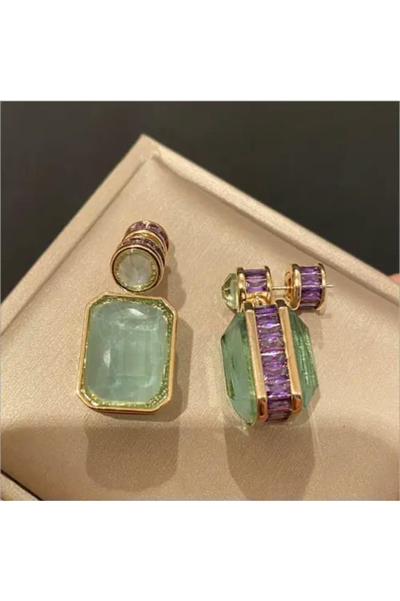 Retro Women Peridot Green Jade Earrings Side Micro-Inlaid Purple Diamond Gift-default